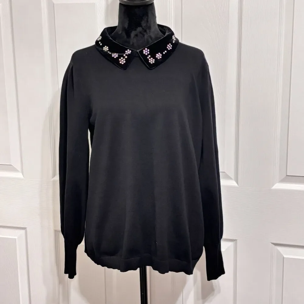 Adrianna Papell Velvet Collar Twofer Knit Sweater Luxury Special Occasion Large